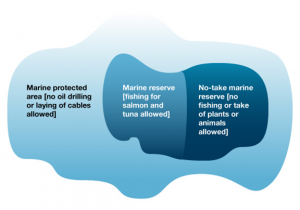 Hypothetical example of a marine protected area, a marine reserve, and a no-take marine reserve. Source: Pacific Fishery Management Council (www.pcouncil.org)