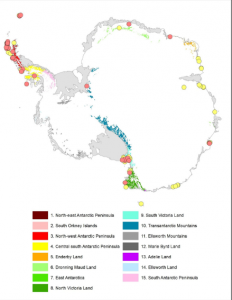 Map of ASPAs. Red circles denote vegetation specific ASPAs, yellow are ASPAs not included in this study (Hughes et al., 2015).