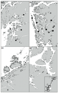 Figure 2: Location of smolt releases along the coastline of Norway. Fish farms are indicated by gray dots. The various release locations are indicated by circles, squares, crosses, diamonds, and triangles, and they are grouped together based on pooling in the meta-analysis.