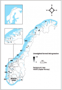 Map of Norway showing rivers with farmed genetic introgression (Karlsson et al. 2016).