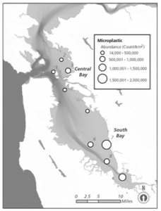 Estimated abundance of microplastic particles in surface water at nine sites in San Francisco Bay. Circles are located at trawl midpoints. (Sutten et al, 2016).  